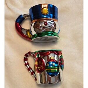livingQUARTERS Christmas Metallic Snowman Ornament Ceramic Mug Set 2pc 8 fl oz